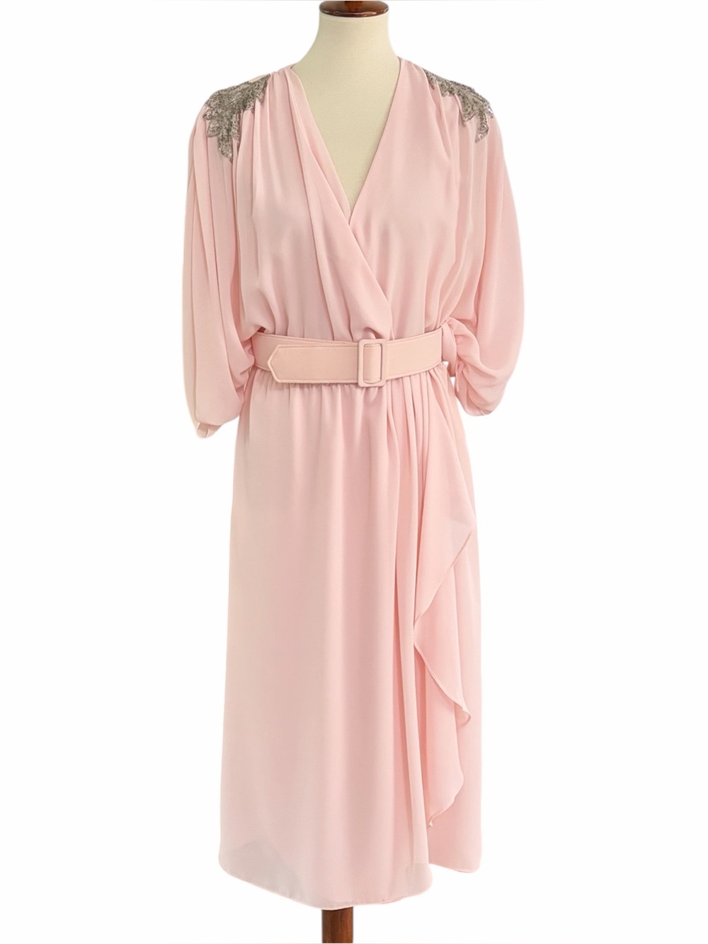 Vintage 80's Patra Soft Pink Midi Dress with Embellished Shoulders Size 11/12